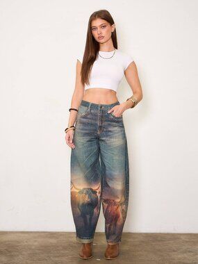 NWT Vibrant M.i.U. Long Horn Digital Print Baggy Jeans